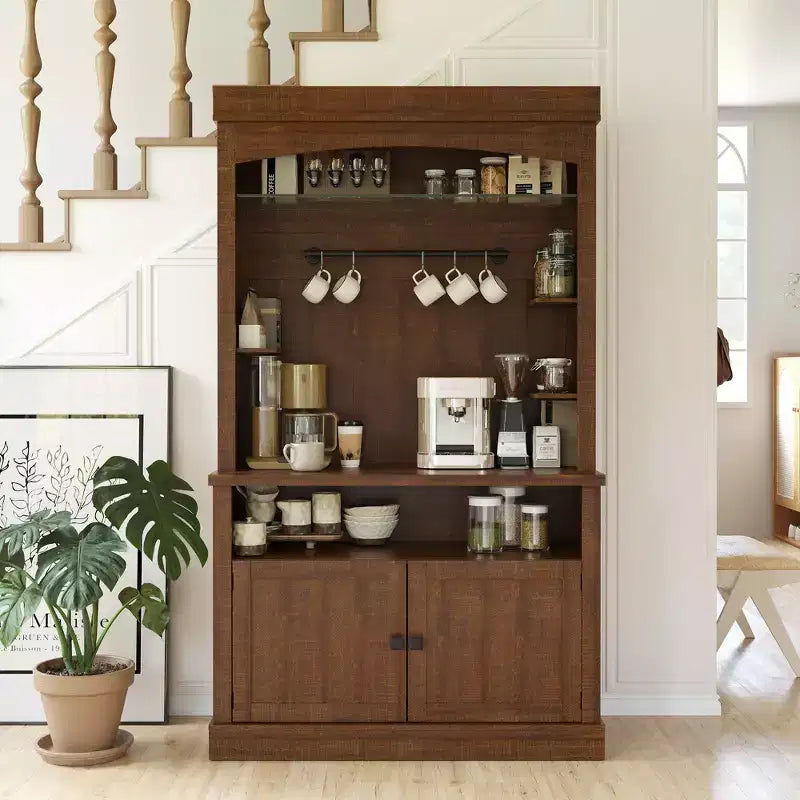 72" Coffee Bar Cabinet with Hutch, Farmhouse Buffet Cabinet with Microwave Stand, Wine Rack & Storage Shelves