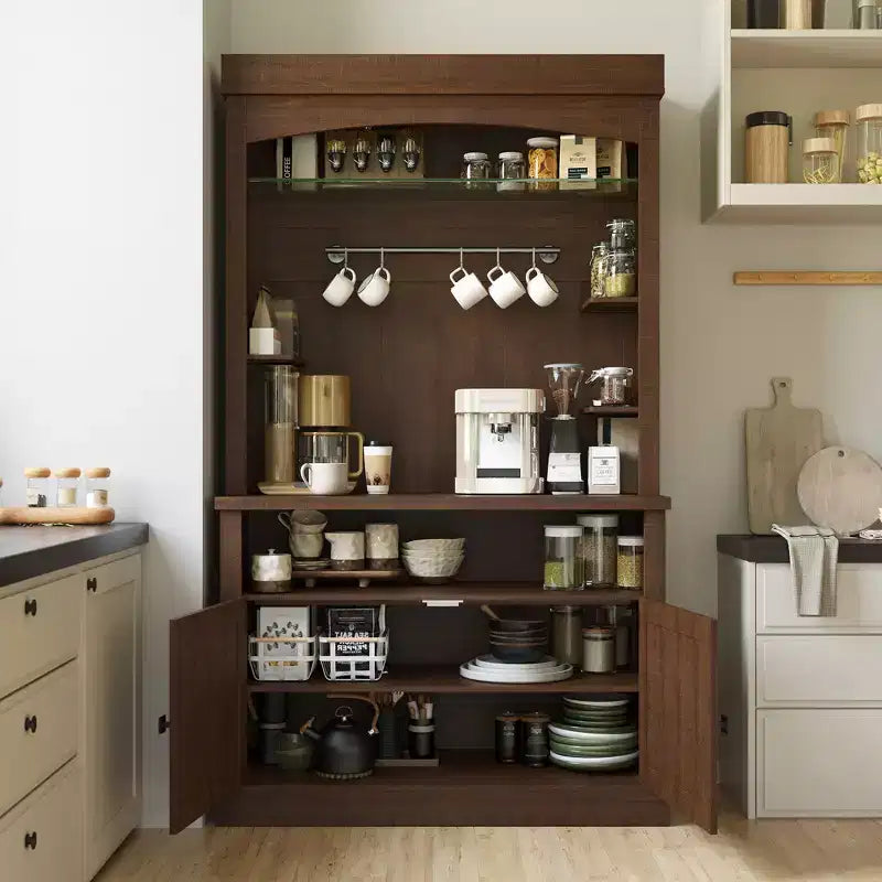 72" Coffee Bar Cabinet with Hutch, Farmhouse Buffet Cabinet with Microwave Stand, Wine Rack & Storage Shelves