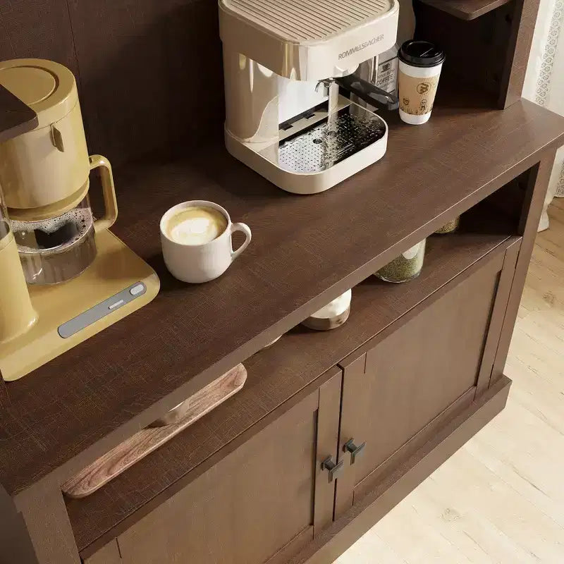 72" Coffee Bar Cabinet with Hutch, Farmhouse Buffet Cabinet with Microwave Stand, Wine Rack & Storage Shelves