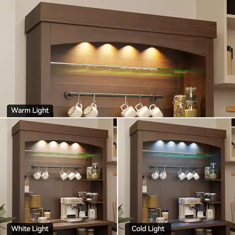 72" Coffee Bar Cabinet with Hutch, Farmhouse Buffet Cabinet with Microwave Stand, Wine Rack & Storage Shelves