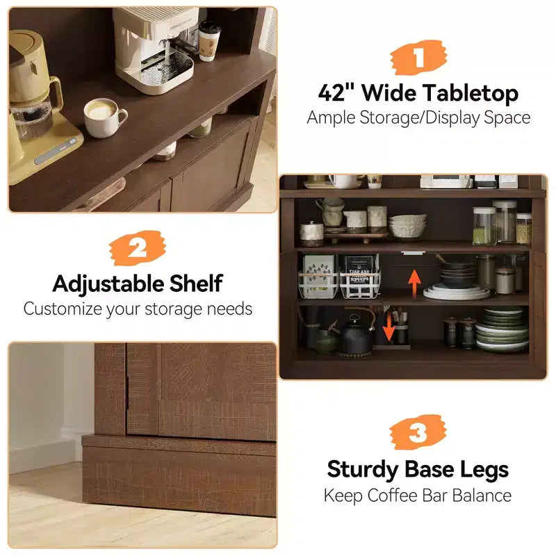 72" Coffee Bar Cabinet with Hutch, Farmhouse Buffet Cabinet with Microwave Stand, Wine Rack & Storage Shelves