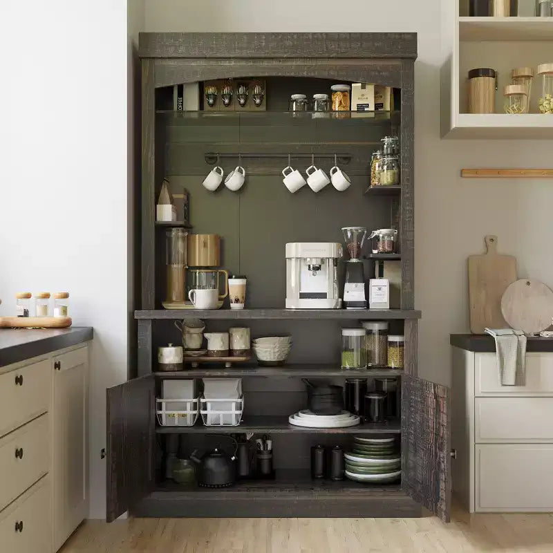 72" Coffee Bar Cabinet with Hutch, Farmhouse Buffet Cabinet with Microwave Stand, Wine Rack & Storage Shelves
