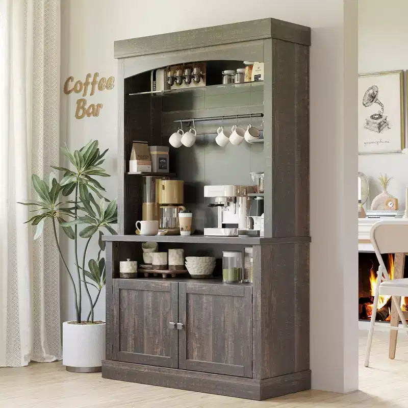 72" Coffee Bar Cabinet with Hutch, Farmhouse Buffet Cabinet with Microwave Stand, Wine Rack & Storage Shelves