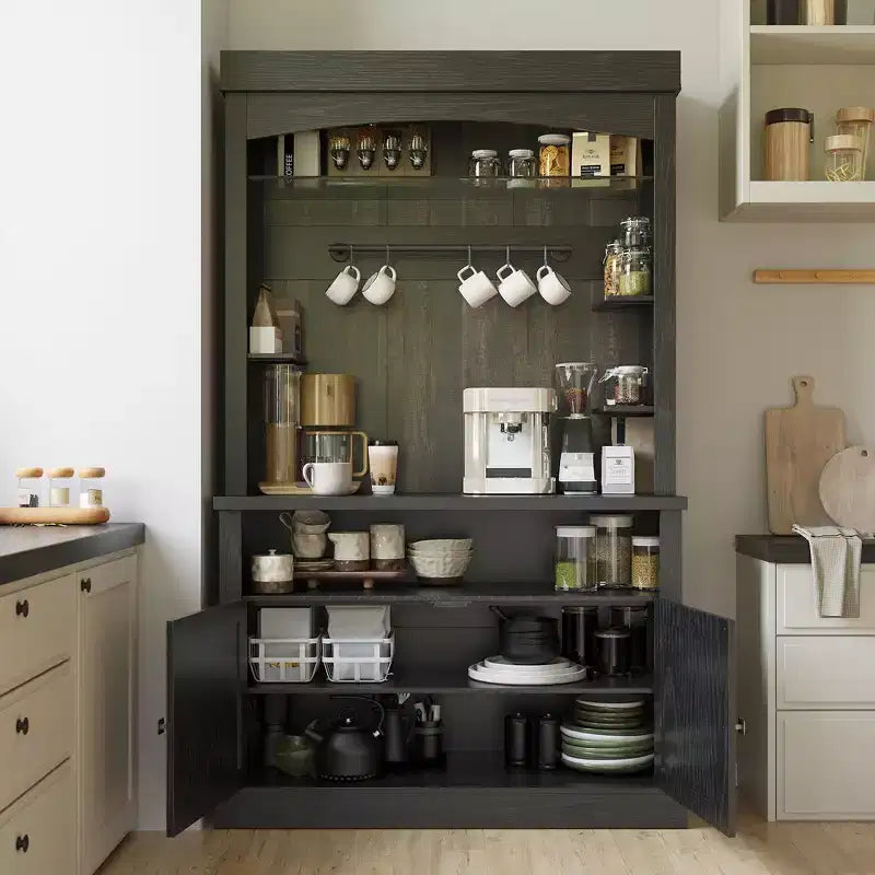 72" Coffee Bar Cabinet with Hutch, Farmhouse Buffet Cabinet with Microwave Stand, Wine Rack & Storage Shelves