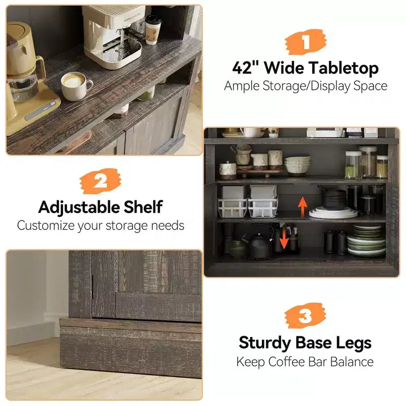 72" Coffee Bar Cabinet with Hutch, Farmhouse Buffet Cabinet with Microwave Stand, Wine Rack & Storage Shelves
