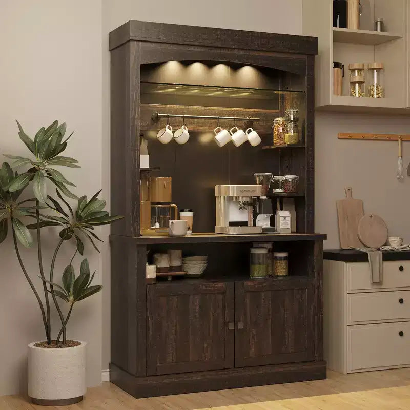 72" Coffee Bar Cabinet with Hutch, Farmhouse Buffet Cabinet with Microwave Stand, Wine Rack & Storage Shelves