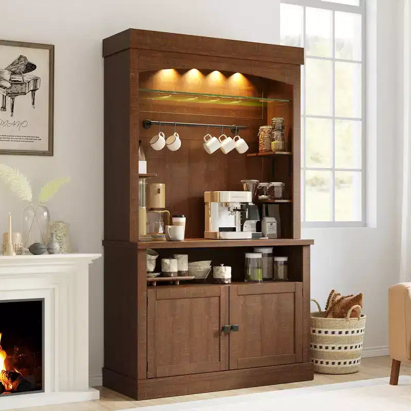 72" Coffee Bar Cabinet with Hutch, Farmhouse Buffet Cabinet with Microwave Stand, Wine Rack & Storage Shelves