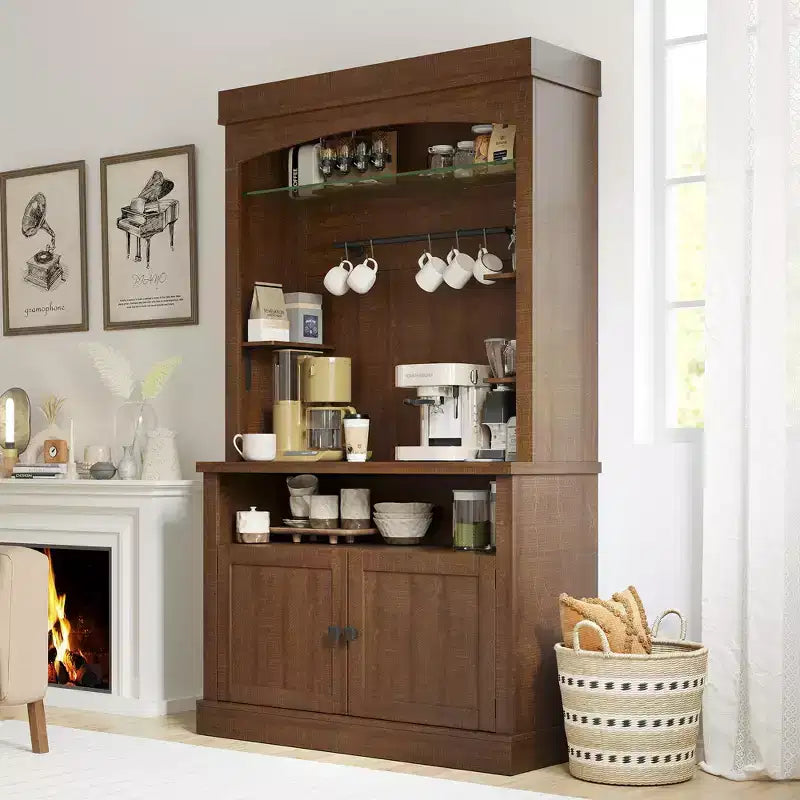 72" Coffee Bar Cabinet with Hutch, Farmhouse Buffet Cabinet with Microwave Stand, Wine Rack & Storage Shelves