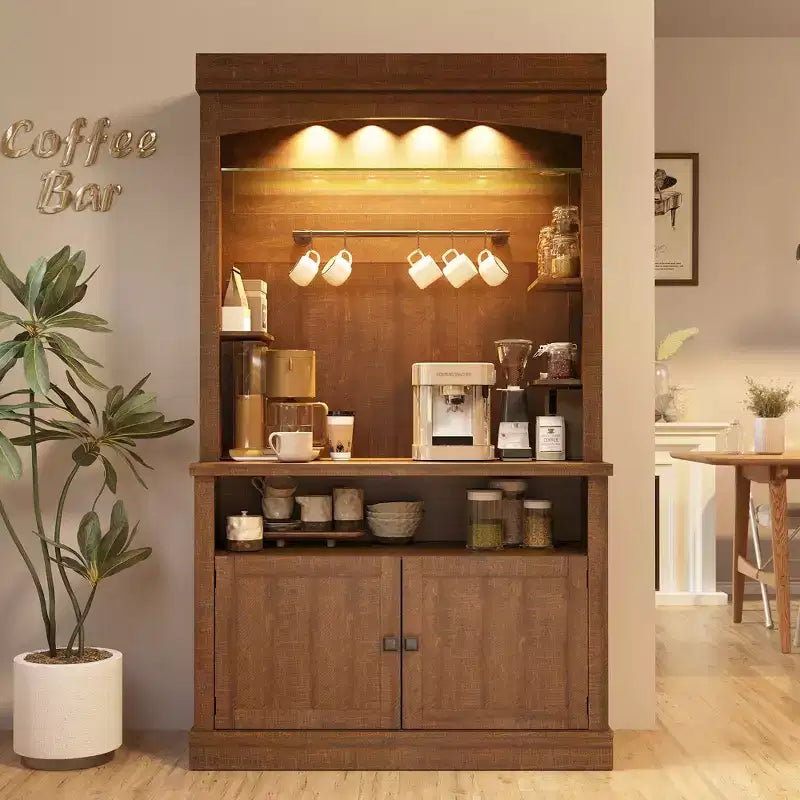 72" Coffee Bar Cabinet with Hutch, Farmhouse Buffet Cabinet with Microwave Stand, Wine Rack & Storage Shelves