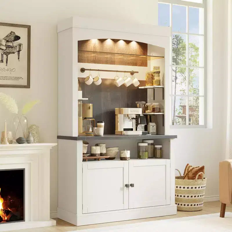 72" Coffee Bar Cabinet with Hutch, Farmhouse Buffet Cabinet with Microwave Stand, Wine Rack & Storage Shelves