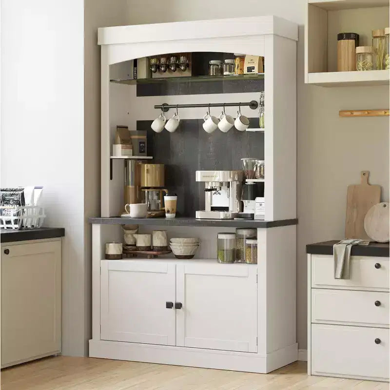 72" Coffee Bar Cabinet with Hutch, Farmhouse Buffet Cabinet with Microwave Stand, Wine Rack & Storage Shelves