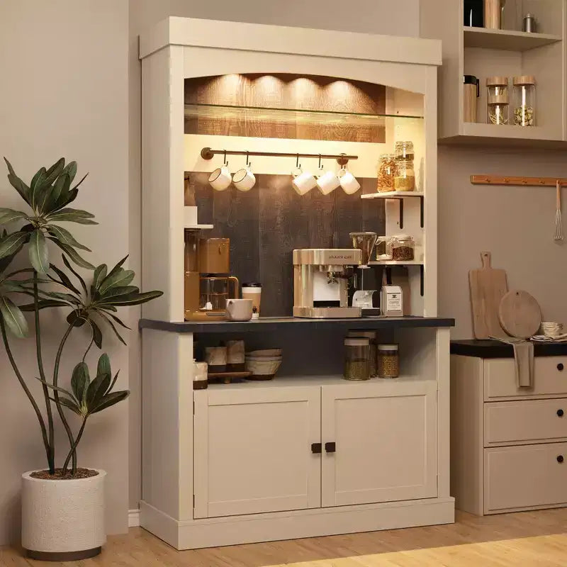 72" Coffee Bar Cabinet with Hutch, Farmhouse Buffet Cabinet with Microwave Stand, Wine Rack & Storage Shelves