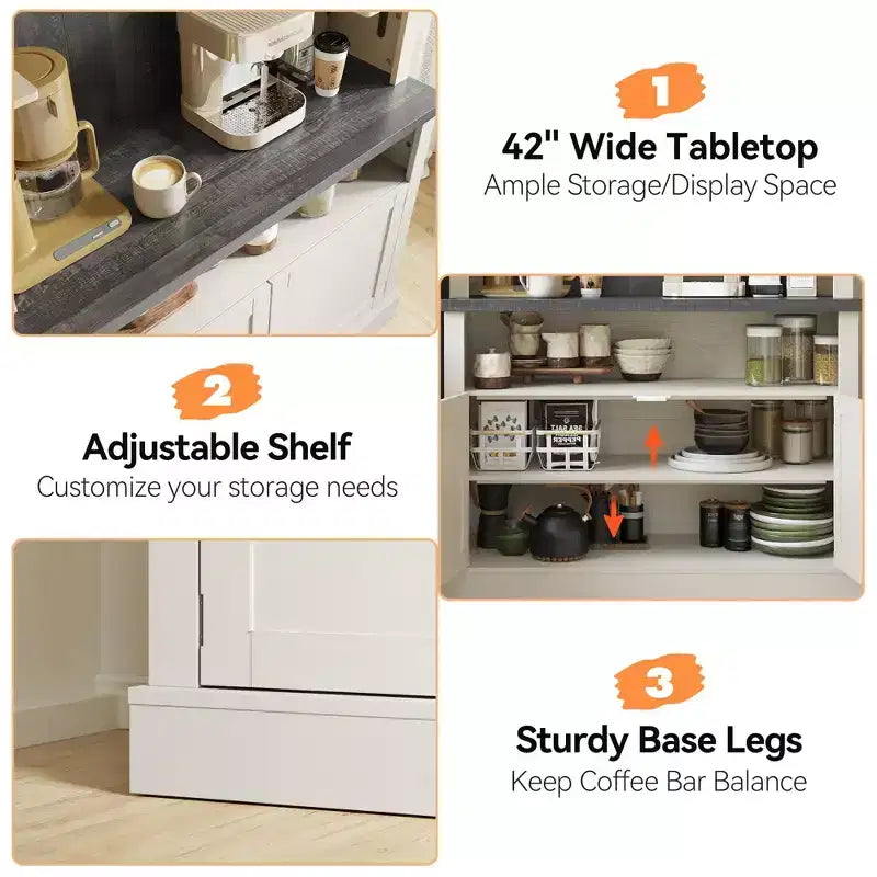 72" Coffee Bar Cabinet with Hutch, Farmhouse Buffet Cabinet with Microwave Stand, Wine Rack & Storage Shelves
