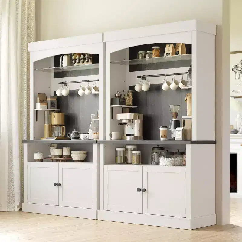 72" Coffee Bar Cabinet with Hutch, Farmhouse Buffet Cabinet with Microwave Stand, Wine Rack & Storage Shelves