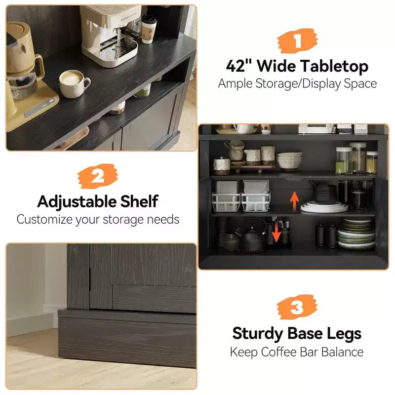 72" Coffee Bar Cabinet with Hutch, Farmhouse Buffet Cabinet with Microwave Stand, Wine Rack & Storage Shelves