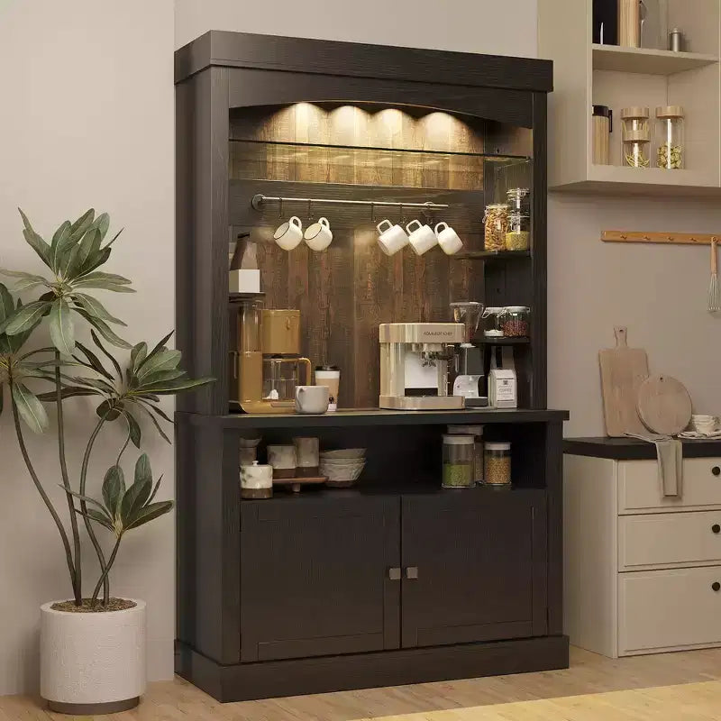 72" Coffee Bar Cabinet with Hutch, Farmhouse Buffet Cabinet with Microwave Stand, Wine Rack & Storage Shelves