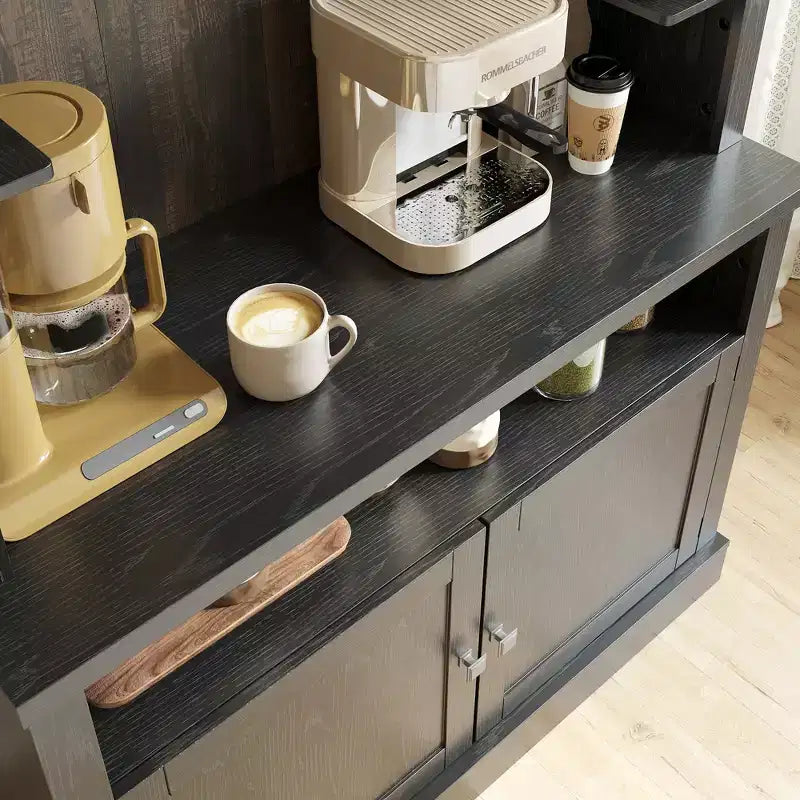 72" Coffee Bar Cabinet with Hutch, Farmhouse Buffet Cabinet with Microwave Stand, Wine Rack & Storage Shelves