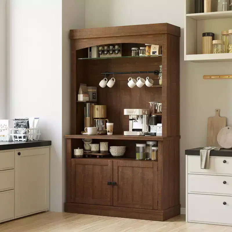 72" Coffee Bar Cabinet with Hutch, Farmhouse Buffet Cabinet with Microwave Stand, Wine Rack & Storage Shelves
