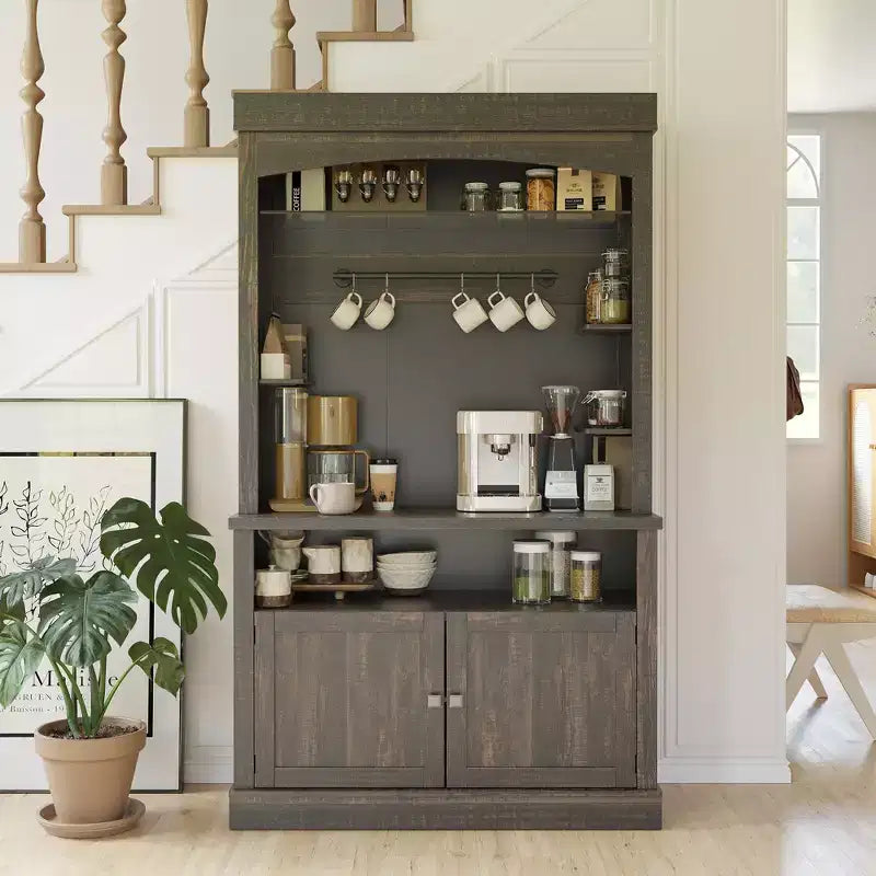 72" Coffee Bar Cabinet with Hutch, Farmhouse Buffet Cabinet with Microwave Stand, Wine Rack & Storage Shelves