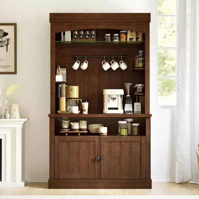 72" Coffee Bar Cabinet with Hutch, Farmhouse Buffet Cabinet with Microwave Stand, Wine Rack & Storage Shelves