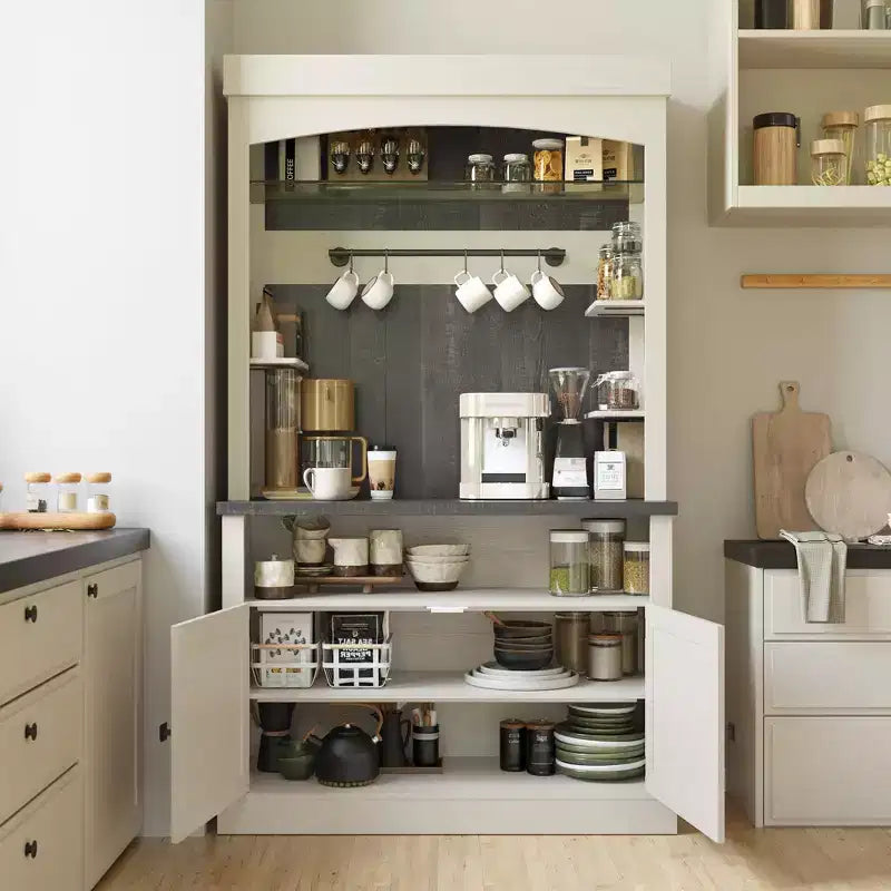 72" Coffee Bar Cabinet with Hutch, Farmhouse Buffet Cabinet with Microwave Stand, Wine Rack & Storage Shelves