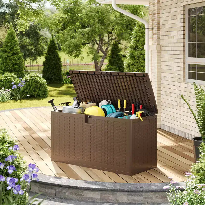 Large Outdoor Waterproof Resin Deck Storage Box  80-120 Gallon Lockable Organizer for Patio Cushions, Tools, Pool Gear  Brown or Black Rattan Look