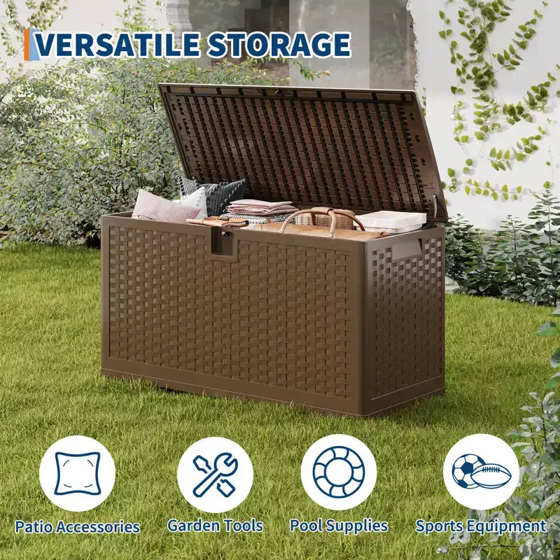 Large Outdoor Waterproof Resin Deck Storage Box  80-120 Gallon Lockable Organizer for Patio Cushions, Tools, Pool Gear  Brown or Black Rattan Look