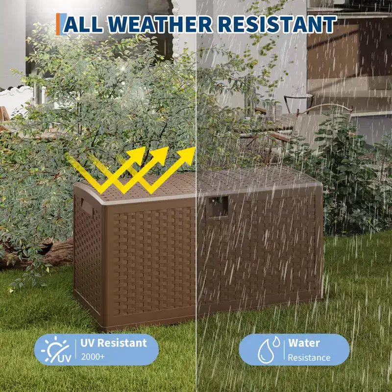 Large Outdoor Waterproof Resin Deck Storage Box  80-120 Gallon Lockable Organizer for Patio Cushions, Tools, Pool Gear  Brown or Black Rattan Look