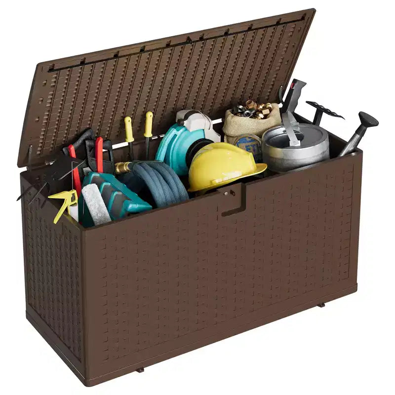 Large Outdoor Waterproof Resin Deck Storage Box  80-120 Gallon Lockable Organizer for Patio Cushions, Tools, Pool Gear  Brown or Black Rattan Look