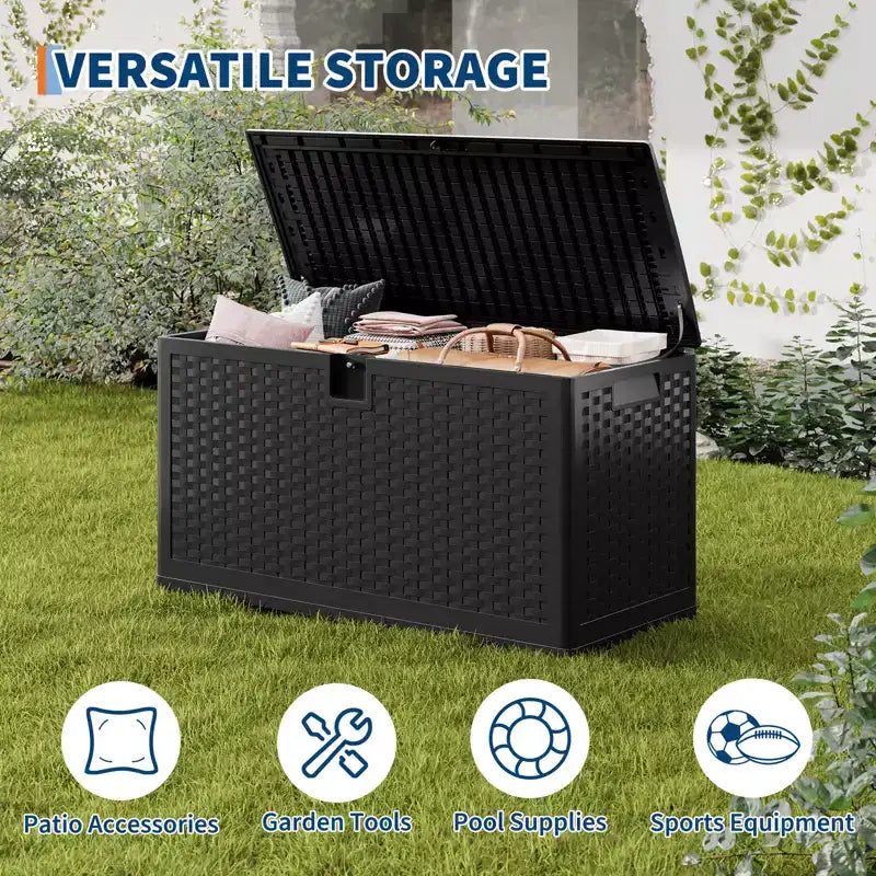 Large Outdoor Waterproof Resin Deck Storage Box  80-120 Gallon Lockable Organizer for Patio Cushions, Tools, Pool Gear  Brown or Black Rattan Look