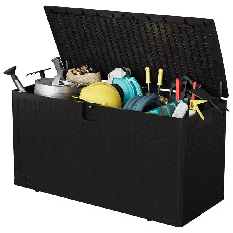 Large Outdoor Waterproof Resin Deck Storage Box  80-120 Gallon Lockable Organizer for Patio Cushions, Tools, Pool Gear  Brown or Black Rattan Look