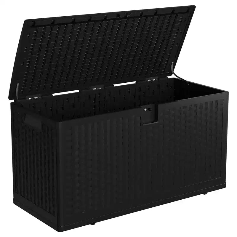 Large Outdoor Waterproof Resin Deck Storage Box  80-120 Gallon Lockable Organizer for Patio Cushions, Tools, Pool Gear  Brown or Black Rattan Look