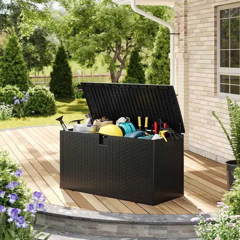 Large Outdoor Waterproof Resin Deck Storage Box  80-120 Gallon Lockable Organizer for Patio Cushions, Tools, Pool Gear  Brown or Black Rattan Look