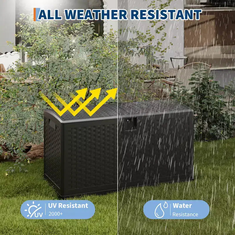 Large Outdoor Waterproof Resin Deck Storage Box  80-120 Gallon Lockable Organizer for Patio Cushions, Tools, Pool Gear  Brown or Black Rattan Look