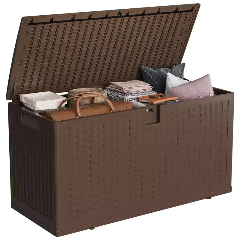 Large Outdoor Waterproof Resin Deck Storage Box  80-120 Gallon Lockable Organizer for Patio Cushions, Tools, Pool Gear  Brown or Black Rattan Look