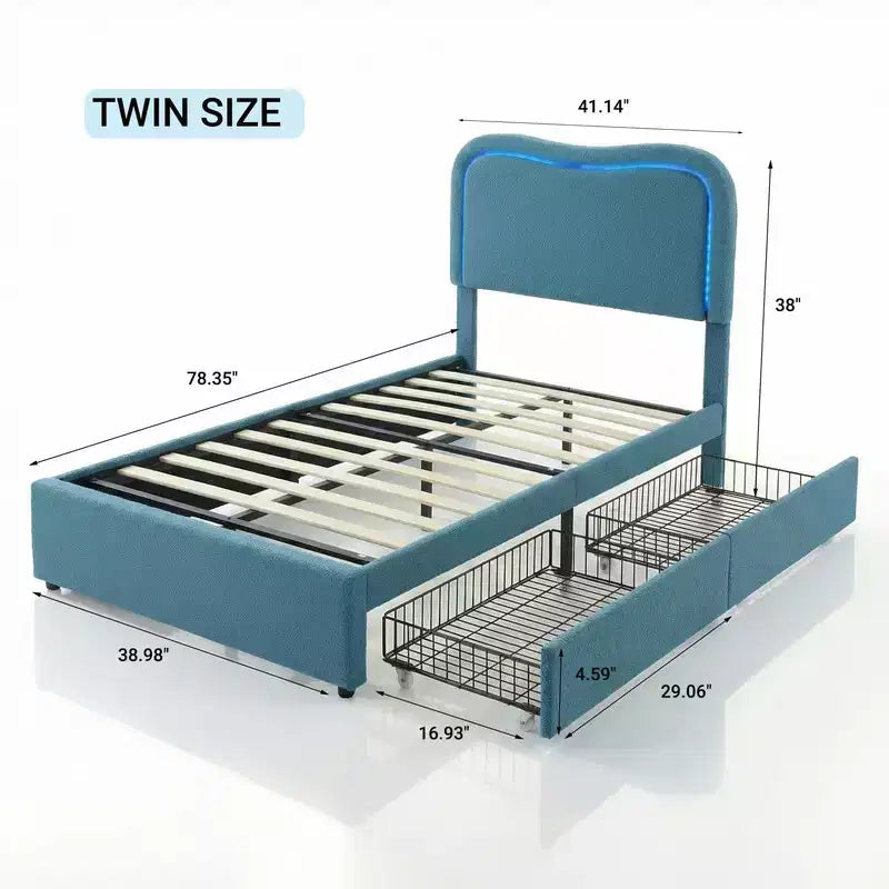 Kids Upholstered Twin Platform Bed with 2 Drawers, Headboard & RGB LED, for Girls and Boys