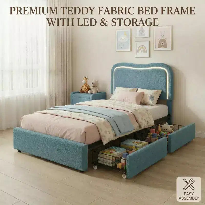 Kids Upholstered Twin Platform Bed with 2 Drawers, Headboard & RGB LED, for Girls and Boys