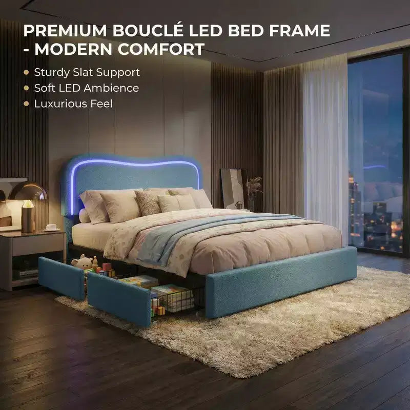 Kids Upholstered Twin Platform Bed with 2 Drawers, Headboard & RGB LED, for Girls and Boys