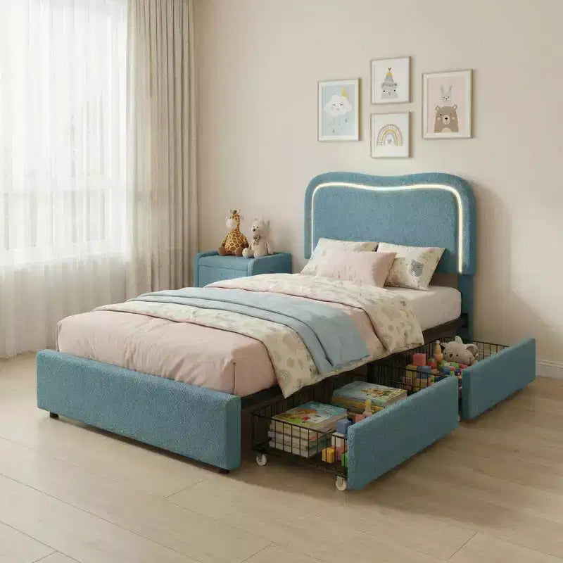 Kids Upholstered Twin Platform Bed with 2 Drawers, Headboard & RGB LED, for Girls and Boys