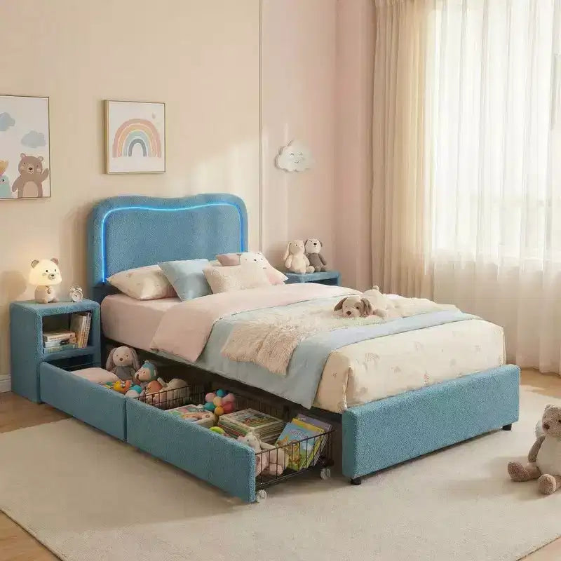 Kids Upholstered Twin Platform Bed with 2 Drawers, Headboard & RGB LED, for Girls and Boys