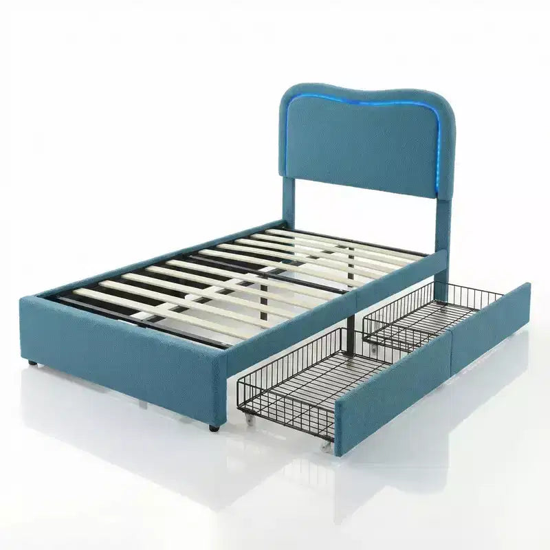 Kids Upholstered Twin Platform Bed with 2 Drawers, Headboard & RGB LED, for Girls and Boys