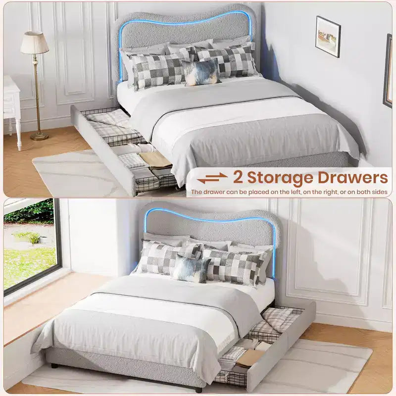 Kids Upholstered Twin Platform Bed with 2 Drawers, Headboard & RGB LED, for Girls and Boys