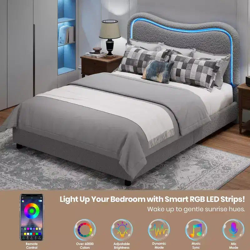 Kids Upholstered Twin Platform Bed with 2 Drawers, Headboard & RGB LED, for Girls and Boys