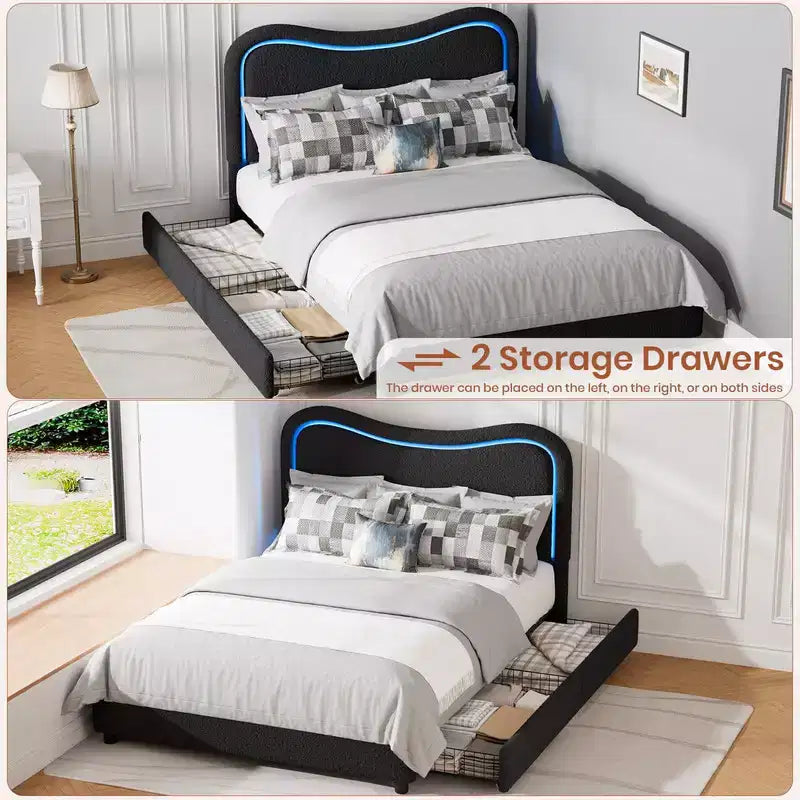 Kids Upholstered Twin Platform Bed with 2 Drawers, Headboard & RGB LED, for Girls and Boys