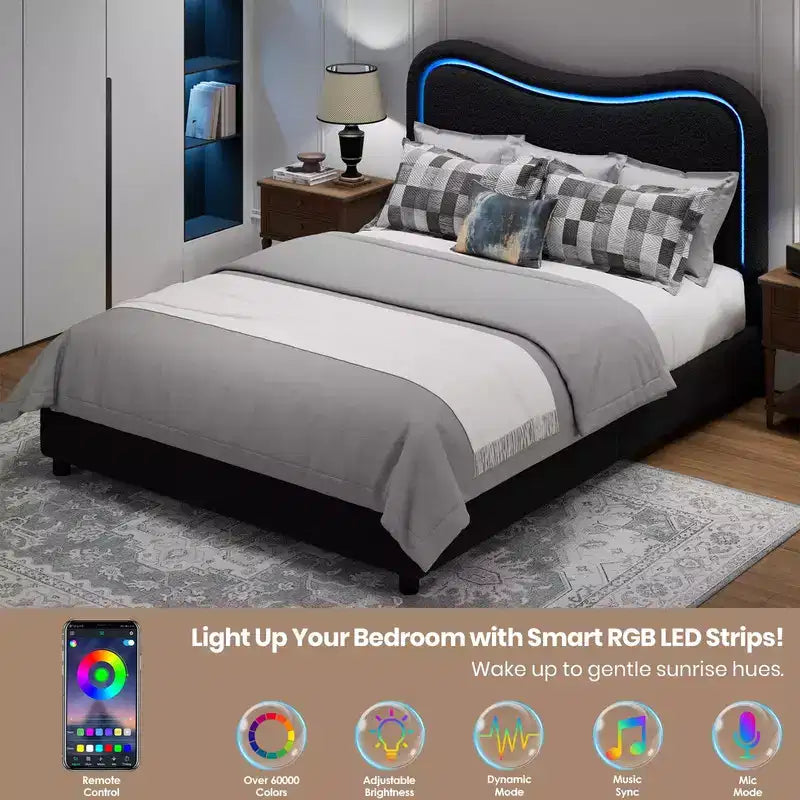 Kids Upholstered Twin Platform Bed with 2 Drawers, Headboard & RGB LED, for Girls and Boys
