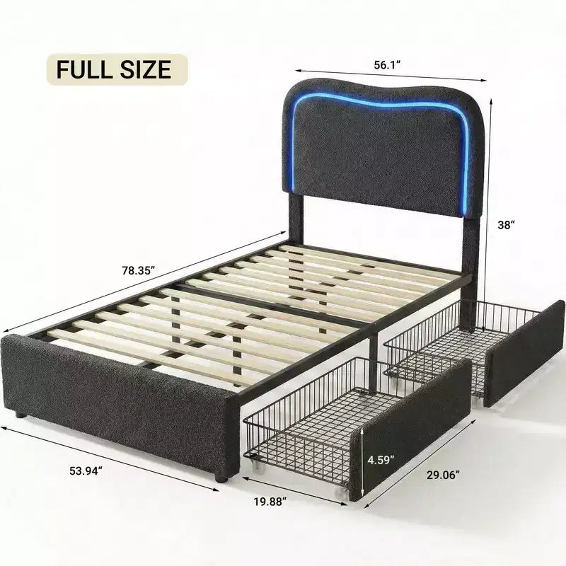 Kids Upholstered Twin Platform Bed with 2 Drawers, Headboard & RGB LED, for Girls and Boys