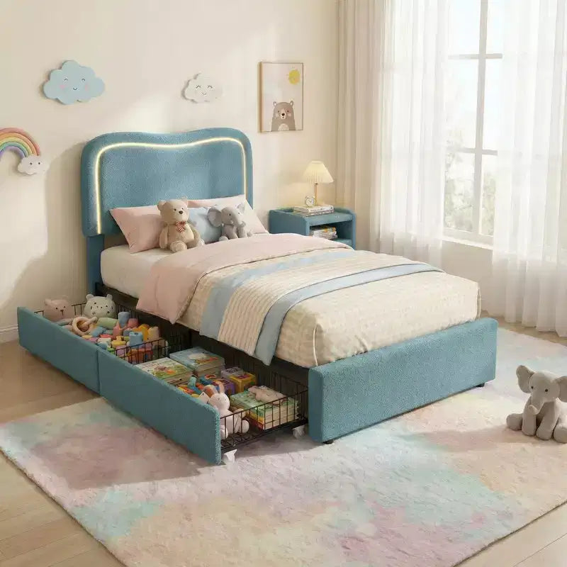 Kids Upholstered Twin Platform Bed with 2 Drawers, Headboard & RGB LED, for Girls and Boys