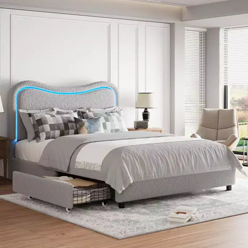 Kids Upholstered Twin Platform Bed with 2 Drawers, Headboard & RGB LED, for Girls and Boys