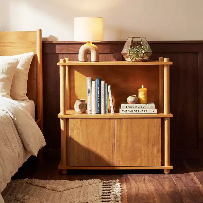Modern Wood Nightstand with Storage Cabinet and Open Shelves