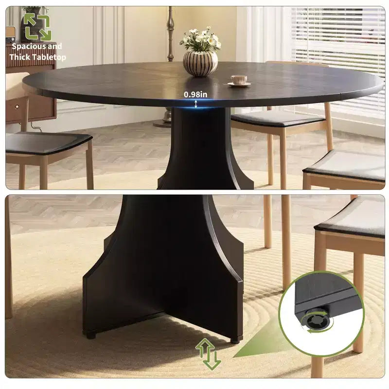 47 Round Dining Table for 4-6, Farmhouse Wood Circle Kitchen Table with Pedestal Base, Space-Saving for Apartment